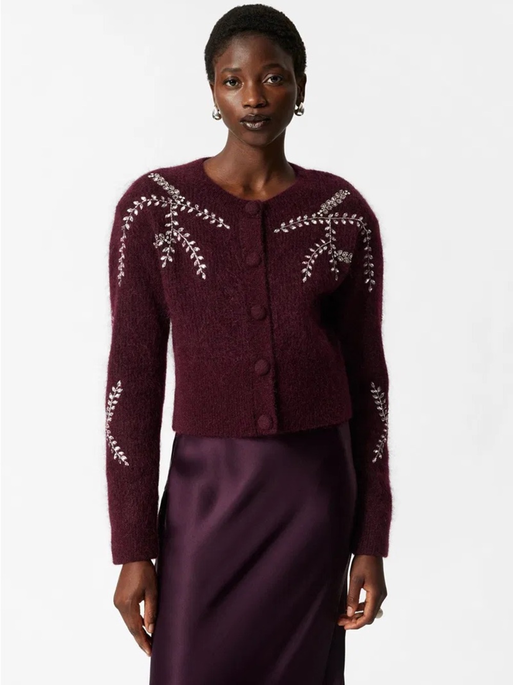 NWT & OTHER STORIES Embroidered Mohair-Blend Cardigan, in Maroon, Size L